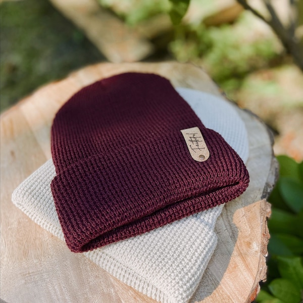 Waffle Knit Beanie with Custom Patch