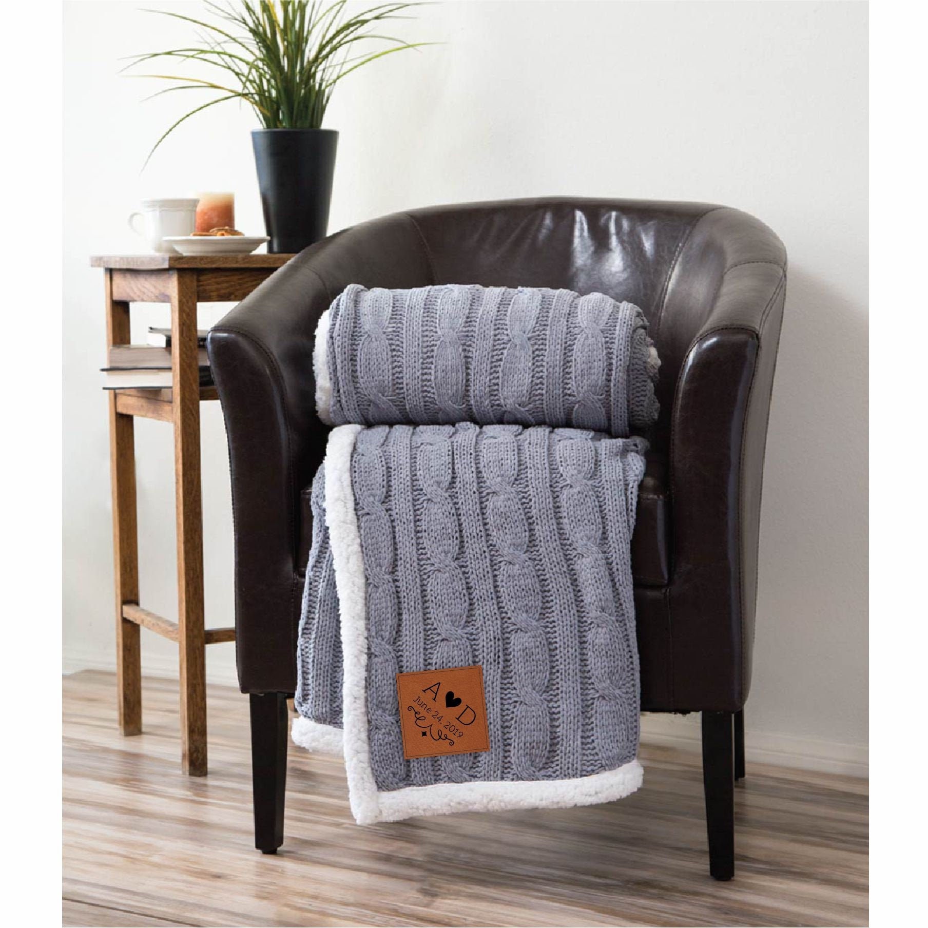 Personalized Cable Knit Sherpa Blanket with Leatherette Patch Etsy