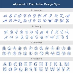 May include: Alphabet of each initial design style, showing different styles of letters in blue. The styles are labeled as Jennifer, Benny, Bracket, and Filigree.