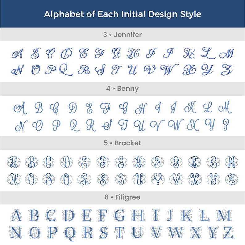 May include: Alphabet of each initial design style, showing different styles of letters in blue. The styles are labeled as Jennifer, Benny, Bracket, and Filigree.