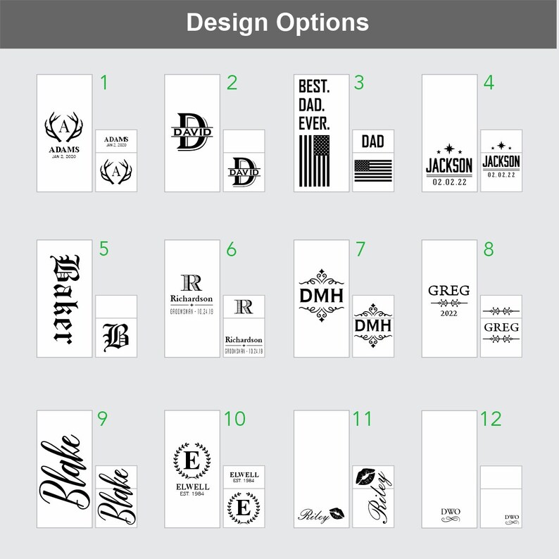 Puede incluir: Doce opciones de dise&ntilde;o diferentes para un letrero de madera personalizado. Los dise&ntilde;os incluyen nombres, fechas, iniciales y otros elementos decorativos. Los letreros son todos en blanco y negro.