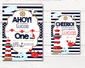 Digital Nautical 1st Birthday Invitation and Thank You Card, Nautical Party  Set, First Birthday Ahoy Instant Download , C065DC2 