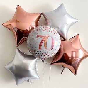 70th Birthday Balloons, Happy 70th Birthday Balloon, Birthday Party Decor, Milestone Birthday Decorations, Rose Gold, Silver Party Decor