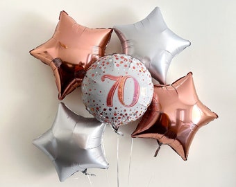 70th Birthday Balloons, Happy 70th Birthday Balloon, Birthday Party Decor, Milestone Birthday Decorations, Rose Gold, Silver Party Decor