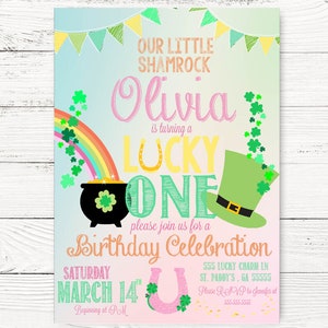 Digital St. Patricks Day Pastel First Birthday Invite, Lucky One Party Invite St. Paddy's Day Invite, 1st Birthday Invitation, C140 image 1