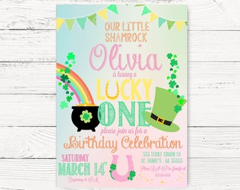 Digital St. Patricks Day Pastel First Birthday Invite, Lucky One Party Invite St. Paddy's Day Invite, 1st Birthday Invitation, C140