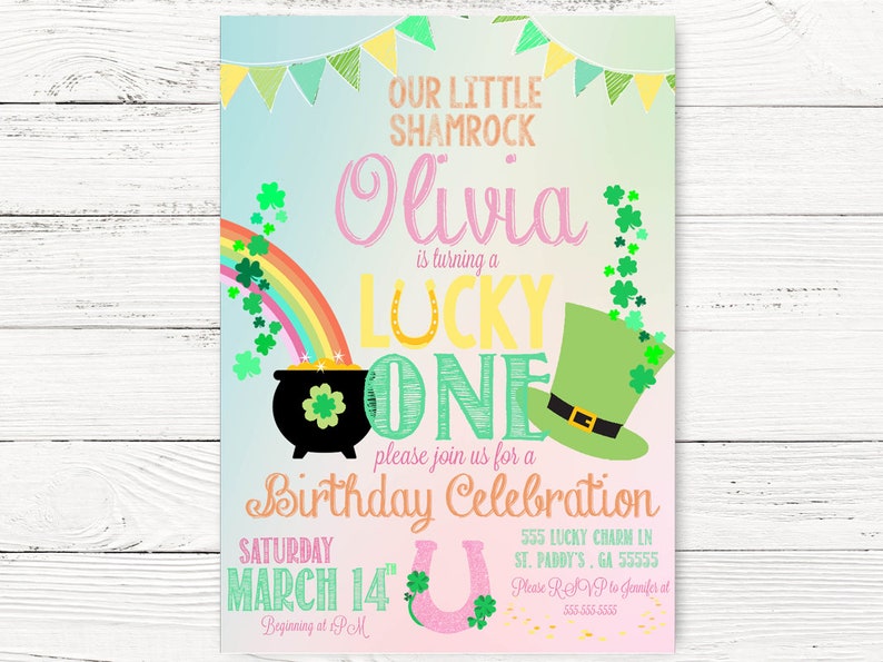 Digital St. Patricks Day Pastel First Birthday Invite, Lucky One Party Invite St. Paddy's Day Invite, 1st Birthday Invitation, C140 image 1