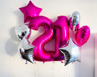 21st Birthday Balloon Bouquet, Hot Pink and Silver 21st Birthday Decor, Twenty First Birthday Party Decorations