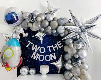 Two the Moon Second Birthday Party Decorations | Silver Balloon Garland | Space Balloons | Galactic Party Theme | Astronaut Party