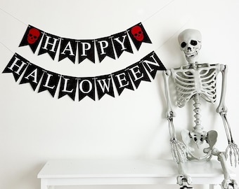 Happy Halloween Banner | Halloween Party Decorations | October Birthday Party | Spooky Season | Skull Banner