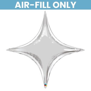 May include: A silver foil star-shaped balloon with four points. The balloon has a shiny metallic finish and is designed to be filled with air. The text "AIR-FILL ONLY" is printed in white at the top.