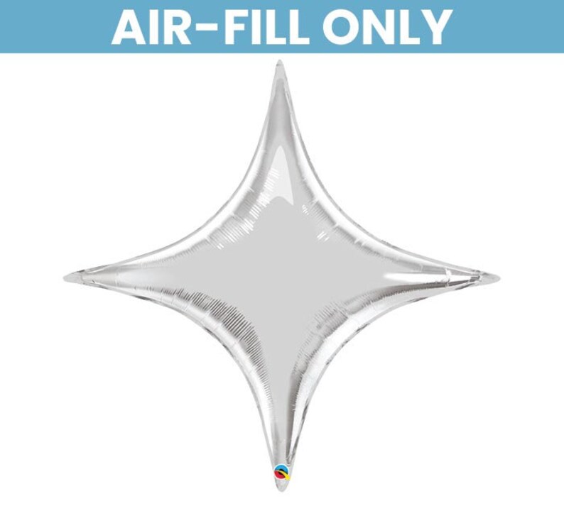 May include: A silver foil star-shaped balloon with four points. The balloon has a shiny metallic finish and is designed to be filled with air. The text "AIR-FILL ONLY" is printed in white at the top.