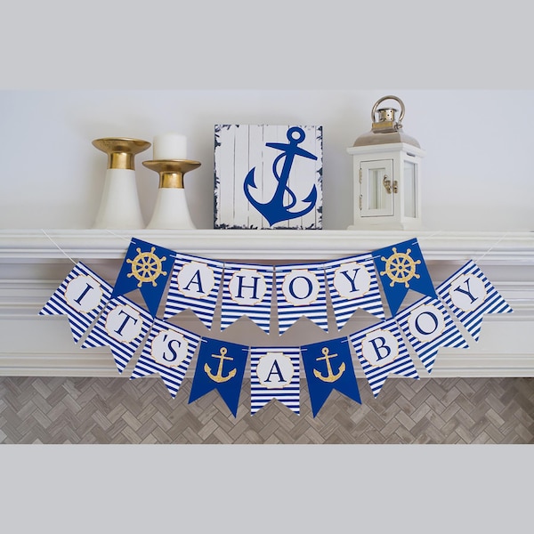 Gold and Blue Nautical Banner,  Ahoy It's A Boy Banner,  Nautical Decor, Nautical Baby Shower Sign P026