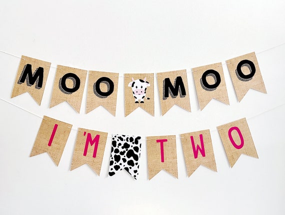 Moo Moo I'm Two Card Stock Banner, Farm Second Birthday Party Decorations, Barnyard Party Banner, 2nd Birthday Banner, Cow Party Decor P282 Il_570xn