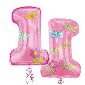 Large Number One Balloon, 28 inch Pink Butterflies, Flower Balloon for Spring or Summer Party