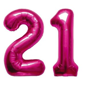 May include: Two large pink foil balloons, one shaped like the number 2 and the other shaped like the number 1, forming the number 21.