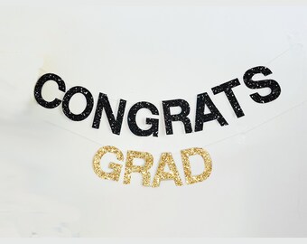 Abschlussfeierdekorationen | Abschluss Girlande | Herzlichen Glückwunsch grad Zeichen | College oder High School Graduate Decor | Schwarz und Gold Glitzer