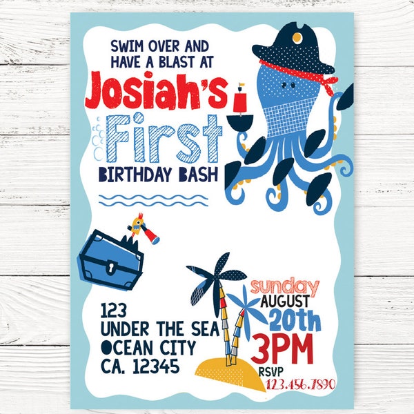 Digital Under the Sea 1st Birthday, Nautical Party, Baby Boy Octopus Invite, First Birthday Invitation , C137