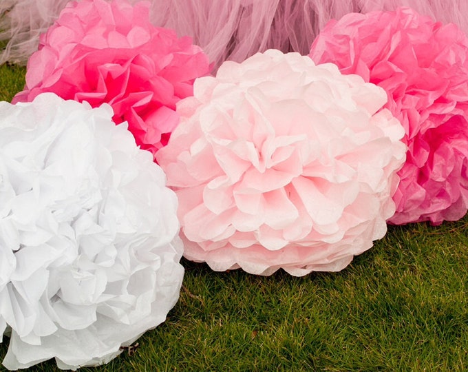 8 Large Pom Poms Hot Pink Pink and White Tissue Pom Poms Etsy