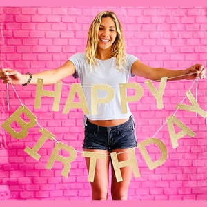 Großes alles Gute zum Geburtstag Banner, Gold Glitter Geburtstagsparty Zeichen, Goldbuchstabe alles Gute zum Geburtstag Foto Requisite