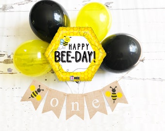 Bumble Bee First Birthday Collection | Happy Bee Party Decor with Balloons | Bumble Bee 1st Birthday Banner | COL007