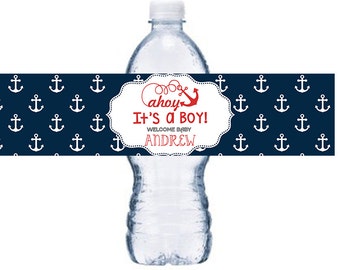 Digital Nautical Party Water Bottle Label, Nautical Bottle Label, Ahoy It's A Boy Bottle Wrap, Anchors Bottle Label,  BL006D