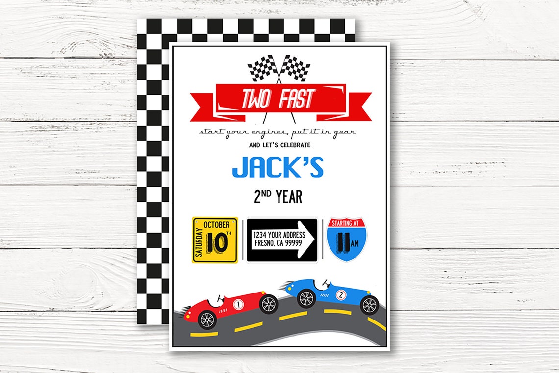 Digital Vintage Race Car Invitation Two Fast Racing Birthday Etsy