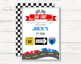 Digital Vintage Race Car Invitation , Two Fast Racing Birthday Party Invite, Race Car Theme Birthday,  C147