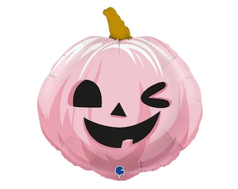 Roze knipogende pompoenballon | Feestdecoratie pompoen | Vrolijke pompoenballon | Herfstfeestdecoraties | Kinderdecoratie herfstthema | Halloween