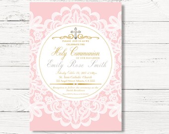 First Holy Communion Invitation for a Girl, Baptism Invitation, Pink Christening Religious Card, C026