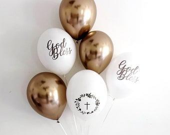 God Bless Balloons, Holy Communion Decor, Baptism Balloons, Christening Balloon Decorations, Gold Cross and God Bless Balloons Set of 6