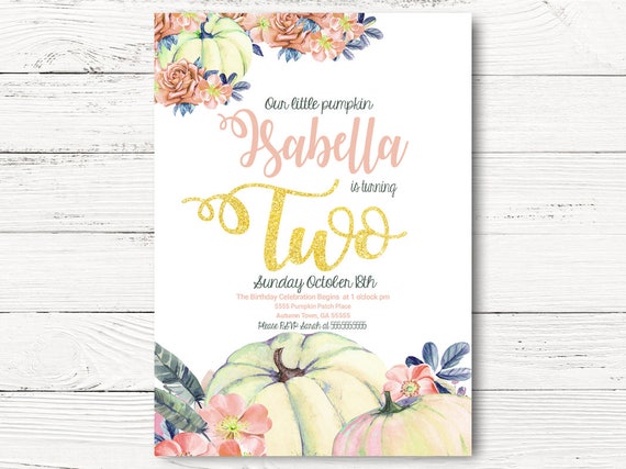 Our Little Pumpkin is Turning Two, Baby Girl Birthday Invite,, Girl Birthday Party Invite, C080 Il_570xn