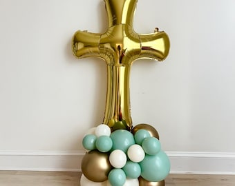 Duża wieża balonowa ze złotym krzyżem, dekoracje na chrzest, dekoracje na komunię świętą, balon ze złotym krzyżem, dekoracje na chrzest, balon religijny
