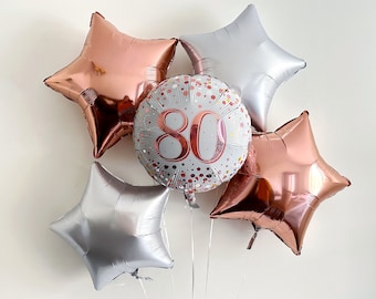 80th Birthday Balloons, Happy 80th Birthday Balloon, Birthday Party Decor, Milestone Birthday Decorations, Rose Gold, Silver Party Decor