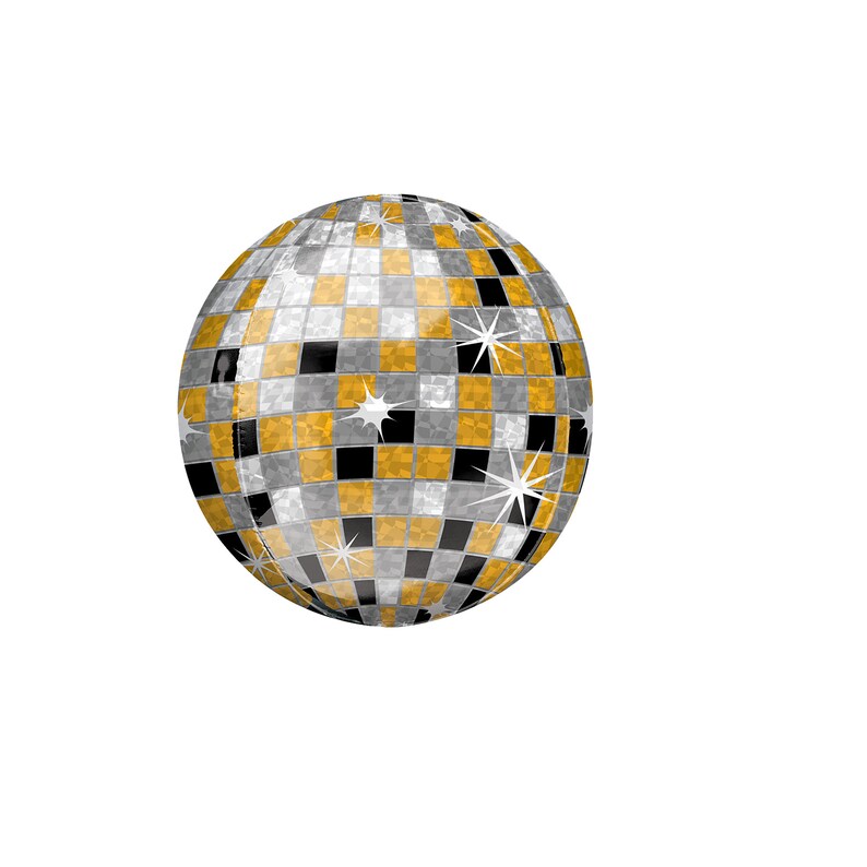 May include: A silver and gold disco ball with mirrored tiles. The ball has a checkered pattern with black squares.