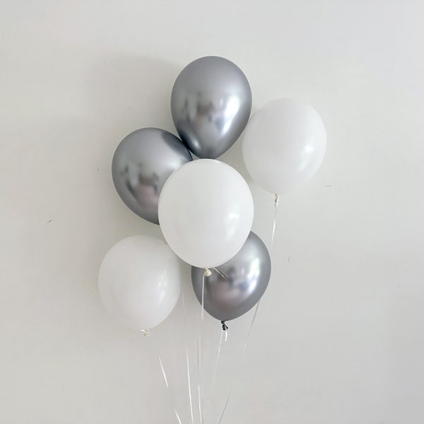 Celebration Decorations, Birthday Party Decor, Anniversary Balloons, Graduation Decor, White and Silver Balloons Set of 6