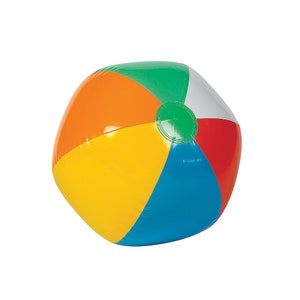 May include: A multi-colored inflatable beach ball with sections of red, orange, yellow, blue, green, and white.