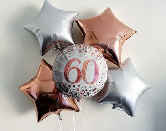 60th Birthday Balloons, Happy 60th Birthday Balloon, Birthday Party Decor, Milestone Birthday Decorations, Rose Gold, Silver Party Decor