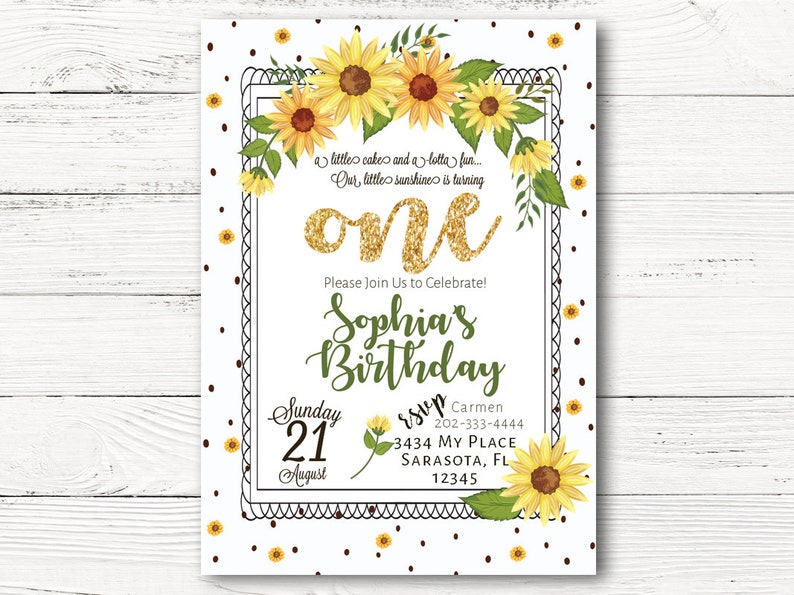 Sunflower Birthday Invite, Summer Birthday Invitation, First Birthday Party, C117 image 1