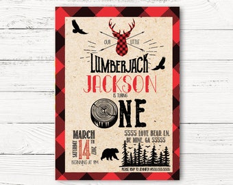 Digital Lumberjack First Birthday Invitation, Buffalo Plaid  Invitation, Wildness Invite, Baby Birthday Invitation, C049