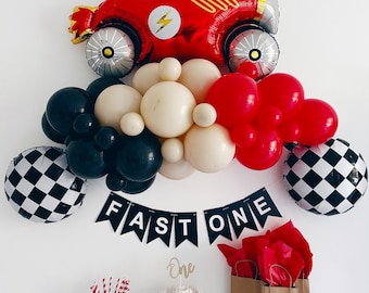 Vintage Race Car Birthday, Fast One Birthday Party, Red Race Car Party Decoration, Race Car Balloon Garland, First Birthday Balloons