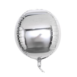 May include: A silver balloon with a shiny, metallic finish. The balloon is round and has a long, thin tail.