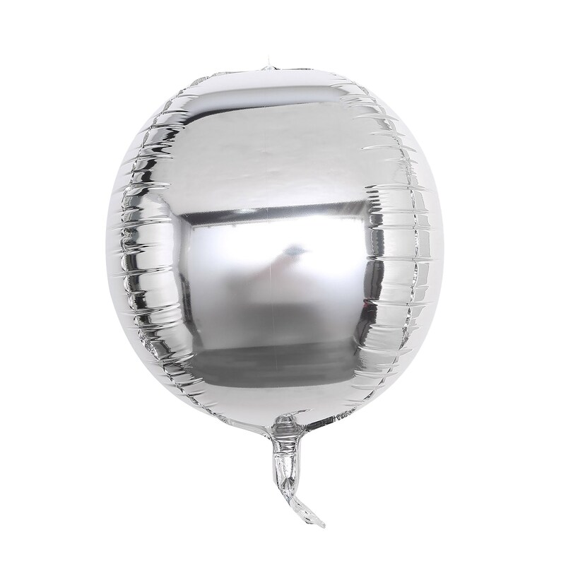 May include: A silver balloon with a shiny, metallic finish. The balloon is round and has a long, thin tail.