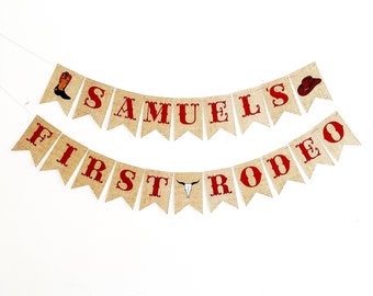 Banner personalizado de primeiro rodeio, sinal de festa de primeiro aniversário, banner de aniversário ocidental de cowboy personalizado em vermelho P364