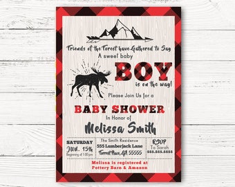 Lumberjack Baby Shower Invitation, Buffalo Plaid  Invitation, Wildness Invite, Baby Boy Shower Invitation, C048