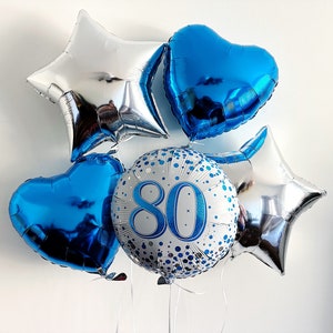 80th Birthday Balloons, Happy 80th Birthday Balloon, Birthday Party Decorations, Milestone Birthday Decorations, Blue and Silver Party Decor