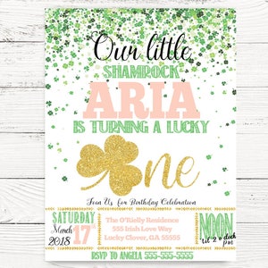 Lucky One First Birthday Girl Invitation, St. Patricks Day Party Invite, St. Paddy's Invitation, Baby Girl First Birthday Invitation, C097 image 1