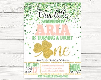 Lucky One First Birthday Girl Invitation,  St. Patricks Day Party Invite, St. Paddy's Invitation, Baby Girl First Birthday Invitation, C097