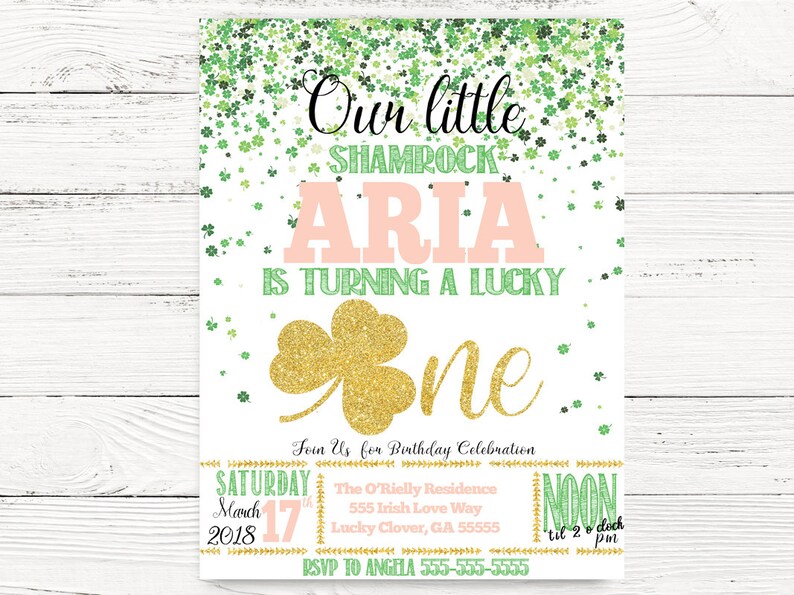 Lucky One First Birthday Girl Invitation, St. Patricks Day Party Invite, St. Paddy's Invitation, Baby Girl First Birthday Invitation, C097 image 1