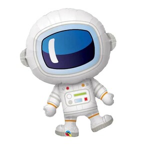 May include: A white astronaut-shaped balloon with a blue visor and orange accents. The balloon features a cartoon design of an astronaut in a spacesuit, perfect for space-themed parties or decorations.